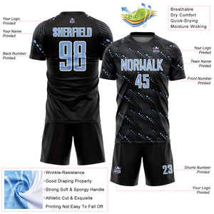 Custom Black Light Blue-White Slant Lines Sports Sublimation Soccer Uniform Jersey