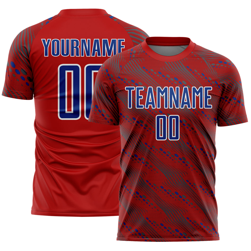 Custom Red Royal-White Slant Lines Sports Sublimation Soccer Uniform Jersey
