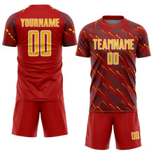 Load image into Gallery viewer, Custom Red Gold-White Slant Lines Sports Sublimation Soccer Uniform Jersey
