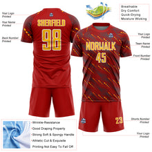 Load image into Gallery viewer, Custom Red Gold-White Slant Lines Sports Sublimation Soccer Uniform Jersey
