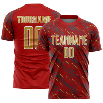 Custom Red Old Gold-White Slant Lines Sports Sublimation Soccer Uniform Jersey