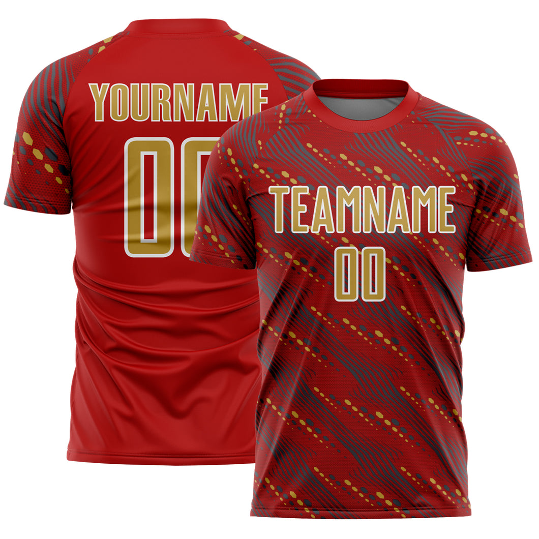 Custom Red Old Gold-White Slant Lines Sports Sublimation Soccer Uniform Jersey