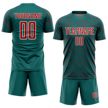 Charger l&#39;image dans la galerie, Custom Teal Red-White Slant Lines Sports Sublimation Soccer Uniform Jersey
