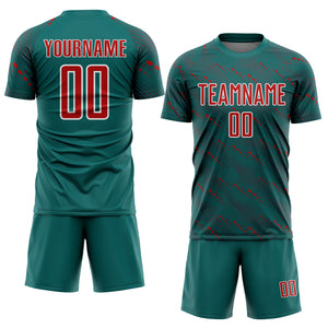 Custom Teal Red-White Slant Lines Sports Sublimation Soccer Uniform Jersey