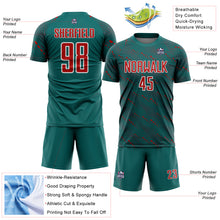 Charger l&#39;image dans la galerie, Custom Teal Red-White Slant Lines Sports Sublimation Soccer Uniform Jersey
