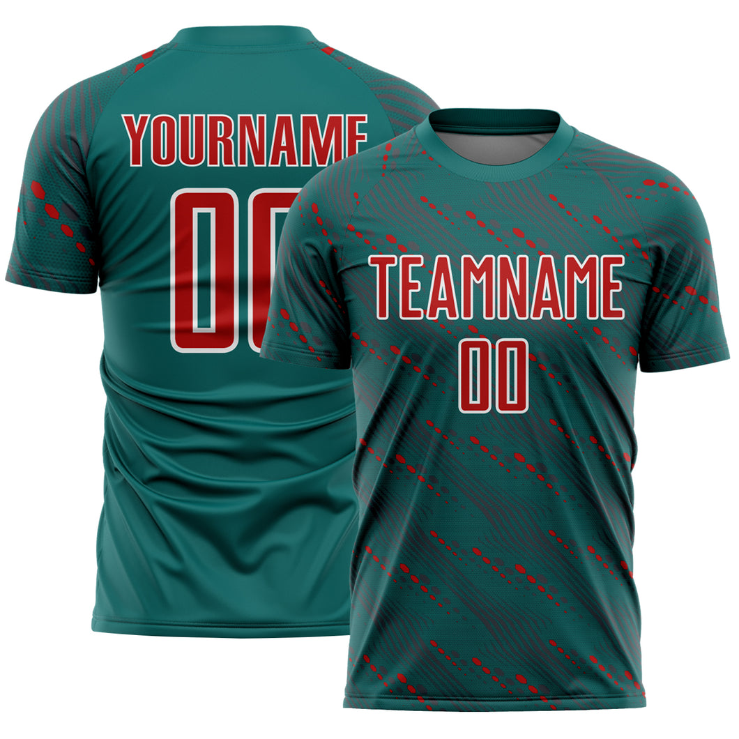 Custom Teal Red-White Slant Lines Sports Sublimation Soccer Uniform Jersey