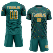 Load image into Gallery viewer, Custom Teal Old Gold-White Slant Lines Sports Sublimation Soccer Uniform Jersey
