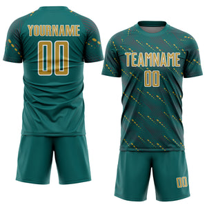 Custom Teal Old Gold-White Slant Lines Sports Sublimation Soccer Uniform Jersey