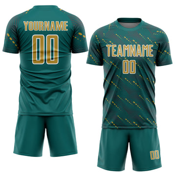 Custom Teal Old Gold-White Slant Lines Sports Sublimation Soccer Uniform Jersey