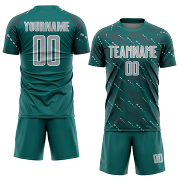 Custom Teal Gray-White Slant Lines Sports Sublimation Soccer Uniform Jersey