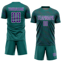 Load image into Gallery viewer, Custom Teal Purple-White Slant Lines Sports Sublimation Soccer Uniform Jersey
