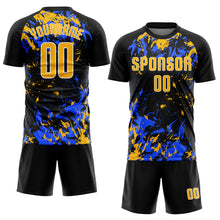 Load image into Gallery viewer, Custom Black Gold Royal-White Fluid Art Splash Sublimation Soccer Uniform Jersey
