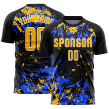 Load image into Gallery viewer, Custom Black Gold Royal-White Fluid Art Splash Sublimation Soccer Uniform Jersey
