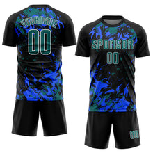 Laden Sie das Bild in den Galerie-Viewer, Custom Black Teal Royal-White Fluid Art Splash Sublimation Soccer Uniform Jersey
