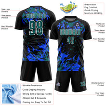 Laden Sie das Bild in den Galerie-Viewer, Custom Black Teal Royal-White Fluid Art Splash Sublimation Soccer Uniform Jersey
