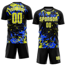 Charger l&#39;image dans la galerie, Custom Black Neon Yellow Royal-White Fluid Art Splash Sublimation Soccer Uniform Jersey
