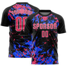 Load image into Gallery viewer, Custom Black Neon Pink Royal-White Fluid Art Splash Sublimation Soccer Uniform Jersey
