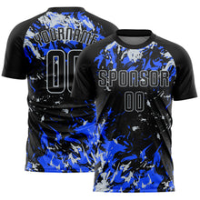 Charger l&#39;image dans la galerie, Custom Black Silver-Royal Fluid Art Splash Sublimation Soccer Uniform Jersey
