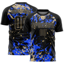 Load image into Gallery viewer, Custom Black Vegas Gold-Royal Fluid Art Splash Sublimation Soccer Uniform Jersey
