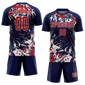 Custom Navy Red-White Fluid Art Splash Sublimation Soccer Uniform Jersey