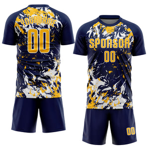 Custom Navy Gold-White Fluid Art Splash Sublimation Soccer Uniform Jersey