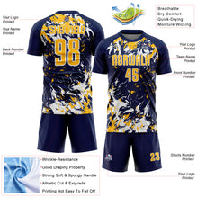 Load image into Gallery viewer, Custom Navy Gold-White Fluid Art Splash Sublimation Soccer Uniform Jersey
