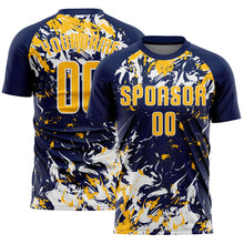 Load image into Gallery viewer, Custom Navy Gold-White Fluid Art Splash Sublimation Soccer Uniform Jersey
