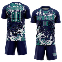 Laden Sie das Bild in den Galerie-Viewer, Custom Navy Teal-White Fluid Art Splash Sublimation Soccer Uniform Jersey
