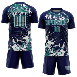 Custom Navy Teal-White Fluid Art Splash Sublimation Soccer Uniform Jersey