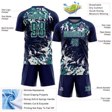 Laden Sie das Bild in den Galerie-Viewer, Custom Navy Teal-White Fluid Art Splash Sublimation Soccer Uniform Jersey
