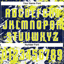 Load image into Gallery viewer, Custom Navy Neon Yellow-White Fluid Art Splash Sublimation Soccer Uniform Jersey

