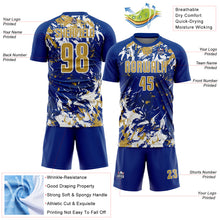 Load image into Gallery viewer, Custom Royal Old Gold-White Fluid Art Splash Sublimation Soccer Uniform Jersey
