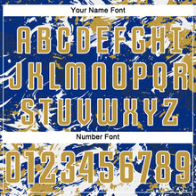 Load image into Gallery viewer, Custom Royal Old Gold-White Fluid Art Splash Sublimation Soccer Uniform Jersey
