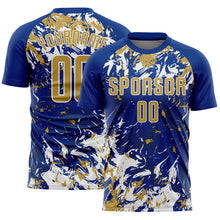 Load image into Gallery viewer, Custom Royal Old Gold-White Fluid Art Splash Sublimation Soccer Uniform Jersey
