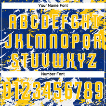 Load image into Gallery viewer, Custom Royal Yellow-White Fluid Art Splash Sublimation Soccer Uniform Jersey
