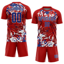 Load image into Gallery viewer, Custom Red Royal-White Fluid Art Splash Sublimation Soccer Uniform Jersey
