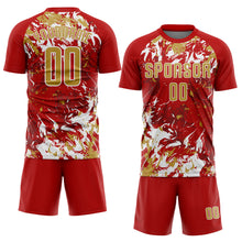 Load image into Gallery viewer, Custom Red Old Gold-White Fluid Art Splash Sublimation Soccer Uniform Jersey
