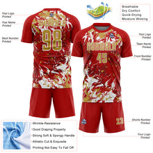 Load image into Gallery viewer, Custom Red Old Gold-White Fluid Art Splash Sublimation Soccer Uniform Jersey
