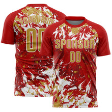 Load image into Gallery viewer, Custom Red Old Gold-White Fluid Art Splash Sublimation Soccer Uniform Jersey
