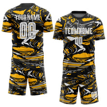 Load image into Gallery viewer, Custom Figure White Black-Gold Fluid Art Splash Sublimation Soccer Uniform Jersey
