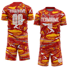 Load image into Gallery viewer, Custom Figure Light Blue Red-Gold Fluid Art Splash Sublimation Soccer Uniform Jersey
