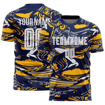 Custom Figure White Navy-Gold Fluid Art Splash Sublimation Soccer Uniform Jersey