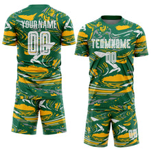 Load image into Gallery viewer, Custom Figure White Kelly Green-Gold Fluid Art Splash Sublimation Soccer Uniform Jersey
