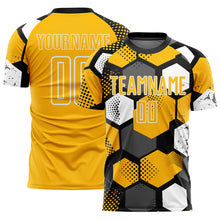 Load image into Gallery viewer, Custom Black Gold-White Geometric Shape Sublimation Soccer Uniform Jersey
