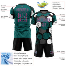 Load image into Gallery viewer, Custom Black Teal White-Pink Geometric Shape Sublimation Soccer Uniform Jersey
