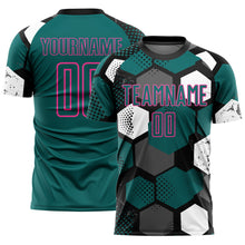 Load image into Gallery viewer, Custom Black Teal White-Pink Geometric Shape Sublimation Soccer Uniform Jersey
