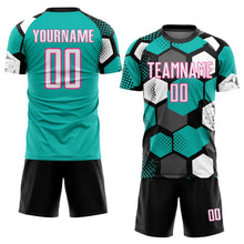 Load image into Gallery viewer, Custom Black White Aqua-Pink Geometric Shape Sublimation Soccer Uniform Jersey
