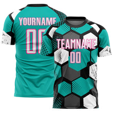 Load image into Gallery viewer, Custom Black White Aqua-Pink Geometric Shape Sublimation Soccer Uniform Jersey

