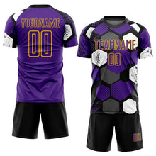 Load image into Gallery viewer, Custom Black Purple White-Yellow Geometric Shape Sublimation Soccer Uniform Jersey
