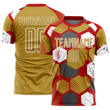 Загрузить изображение в средство просмотра галереи, Custom Red Old Gold-White Geometric Shape Sublimation Soccer Uniform Jersey
